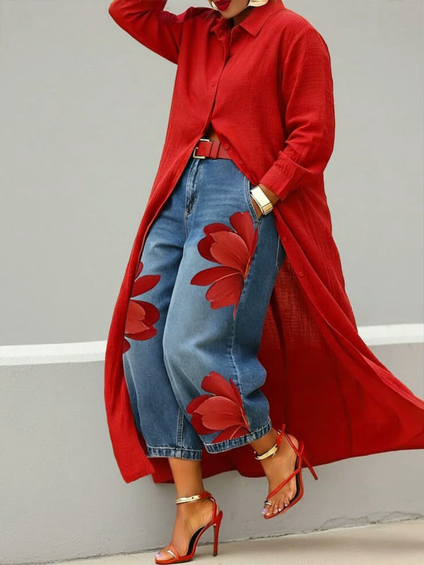 Conjunto Sofisticado Camisa y Jeans Floral