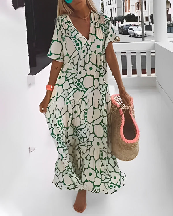 Vestido de verano estampado con cuello en V (LIQUIDACIÓN)